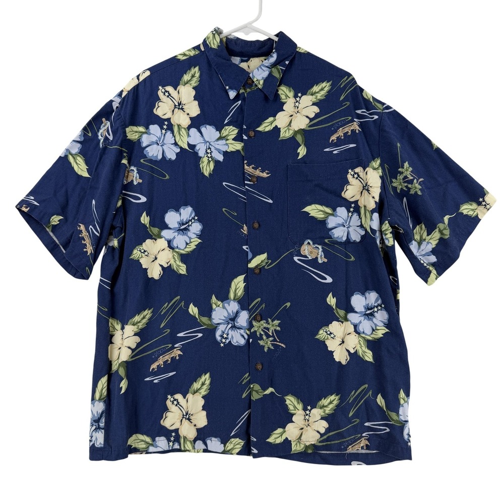IOLANI Shirt Mens Large Blue Hawaiian Floral Short Sleeve Button Front Aloha